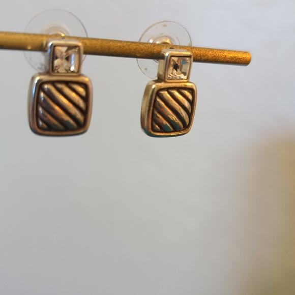 Silver Tone Textured Square W/ Emerald Cut Rhinestone Post Earring - Picture 2 of 4